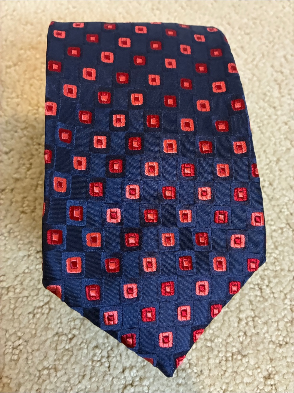 BNWT BOSS Hugo Boss Men's Navy Blue & Red Geometric Square Silk Tie👵MT